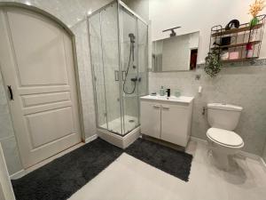 a bathroom with a shower and a toilet and a sink at Chambres d'Hôtes Bastia et Bonifacio in Retiers +43 photos