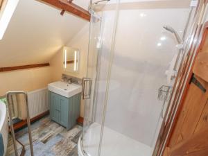 a bathroom with a shower and a sink at Penfeidr Newydd in Newport +43 photos