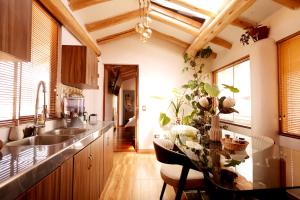 a kitchen with a sink and a table with a plant at Arins House in Cusco