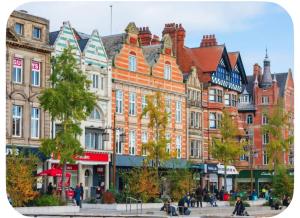 a group of buildings on a city street at The Peaceful Home in Nottingham