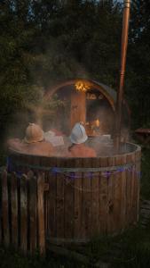 a hot tub with three hats sitting in it at Zakątek u Basi in Twierdza