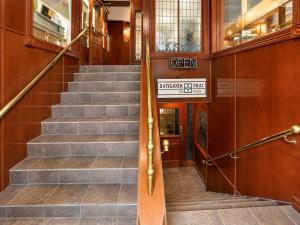 a staircase in a building with a sign on it at Park Hotel Condominiums in Park City