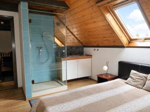 a bedroom with a shower and a bed in a room at Nánaháza in Alsónána