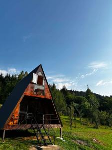 a small house with a black roof in a field at khedi cottage in Mestia