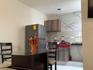 a kitchen with a table and a refrigerator at Santa Rosalía3- 2 habitaciones in San Felipe Hueyotlipan