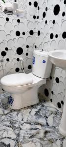 a bathroom with a toilet and a shower curtain at RK guest in Nanu Oya
