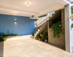 a hallway with potted plants and a blue wall at RK guest in Nanu Oya