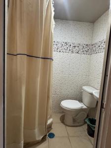 a bathroom with a toilet and a shower curtain at Santa Rosalía3- 2 habitaciones in San Felipe Hueyotlipan +5 photos