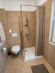 a bathroom with a shower with a toilet and a shower curtain at MarchfeldStay in Gänserndorf