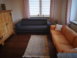 a living room with a leather couch and a window at Centrally located spacious flat close to Rhine in Bonn