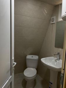 a small bathroom with a toilet and a sink at khedi cottage in Mestia