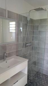 a bathroom with a white sink and a shower at Blue Dream in Morne Blanc