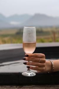 a woman holding up a glass of wine at Springsteen Cabins in Tulbagh