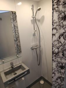 a bathroom with a shower and a sink at La Halte in Torigni-sur-Vire
