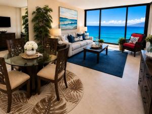 a living room with a couch and a table at Mahana 604 Oceanfront 1BD 1BA condo in Kahana