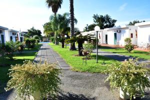 a walkway through a yard with trees and palm trees at Villaggio Artemide in Giardini Naxos