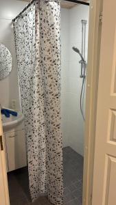 a bathroom with a shower with a shower curtain at Saimaa Apartment in Lappeenranta +8 photos