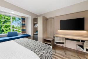 a hotel room with a bed and a flat screen tv at Microtel Inn & Suites - Greenville in Greenville