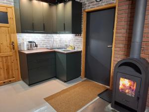 a kitchen with a wood stove in a room at Śledziowy Domek 