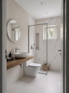 a bathroom with a toilet and a sink and a mirror at Delux Apartament in Haţeg