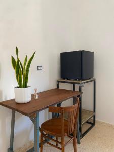a desk with a television and a potted plant at Assunta Affittacamere in Vitigliano