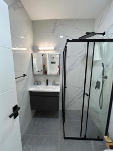 a bathroom with a shower and a sink at New Luxury Studio In Caesar Resort & Spa in Dherinia +13 photos