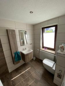a bathroom with a sink and a toilet and a window at Ferienwohnung "Auszeit" in Dobra