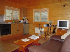 a living room with a couch and a table and a kitchen at Bryn Dinas Camping Pods Ltd. in Beddgelert