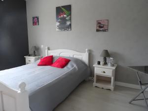 a white bed with two red pillows in a bedroom at Chambres d'hôtes Les Écureuils in Saint-Laurent-de-la-Prée +12 photos
