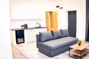 a living room with a couch and a kitchen at Urban76 Apartments in Târgu-Mureş