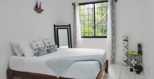 a bedroom with a large white bed with a window at Casa Emma Quepos in Quepos