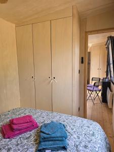 a bedroom with a bed with pink and blue towels at La tiny de Miss Purple in Chantelle