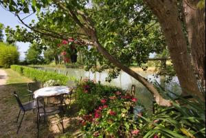 a table and chairs next to a river with flowers at Casale Antico Mulino in Beroide