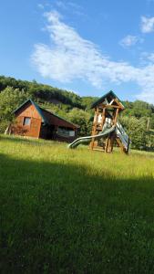 a playground with a slide in the middle of a field at Садиба під Чертежиком 2 in Kolochava