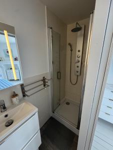 a white bathroom with a shower and a sink at Sam's cocoon in Vicq-sur-Nahon +1 photo