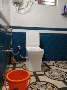a bathroom with a toilet and a blue and white wall at Omkar Homestay - Honavar in Kāsarkod +10 photos