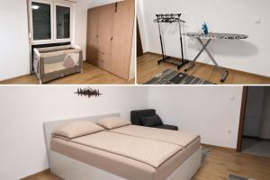 two pictures of a bedroom with a bed and a table at Apartment Real in Bugojno +3 photos