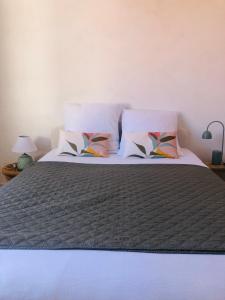 a bedroom with a large bed with two pillows at la colombe du marais in Courçon