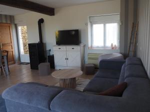a living room with a blue couch and a tv at Le brin d'air Mayennais in Saint-Julien-du-Terroux
