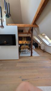 a living room with a large television and a table at Das Fichtelgut in Wunsiedel