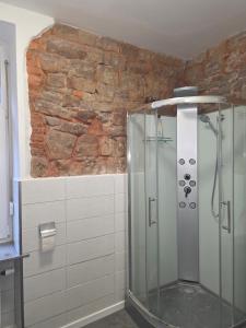 a glass shower in a bathroom with a stone wall at Lisbeth in Sankt Wendel +7 photos