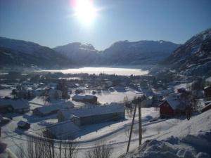 una pequeña ciudad en la nieve con un lago y montañas en Røldal Overnatting en Røldal