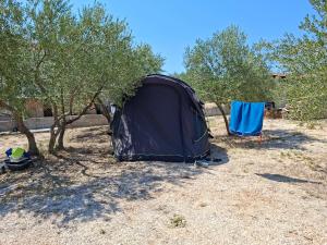 a tent and a blue towel hanging from a tree at Camp Oblica - parcela - empty plot in Pirovac