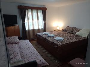 a bedroom with two beds and a window at Casa Narcisa in Călimăneşti +1 photo