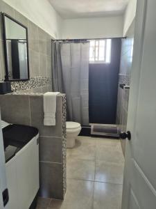 a bathroom with a shower and a toilet and a sink at OMY Apartments Nagua 2A in Nagua +16 photos