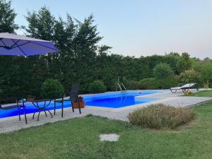 a blue swimming pool with a table and an umbrella at Gelsomono - Piccolo rifugio nel verde con piscina esclusiva in Ferrara