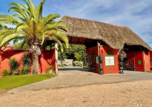 a red building with a thatched roof and a palm tree at Ngandu Hotel - Rundu in Rundu