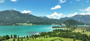 a view of a lake with mountains in the background at Arnestgut in Strobl