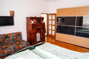 a living room with a couch and a flat screen tv at Casa Verde in Vaţa de Jos