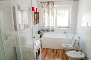 a bathroom with a toilet and a tub and a sink at Casa Verde in Vaţa de Jos +37 photos